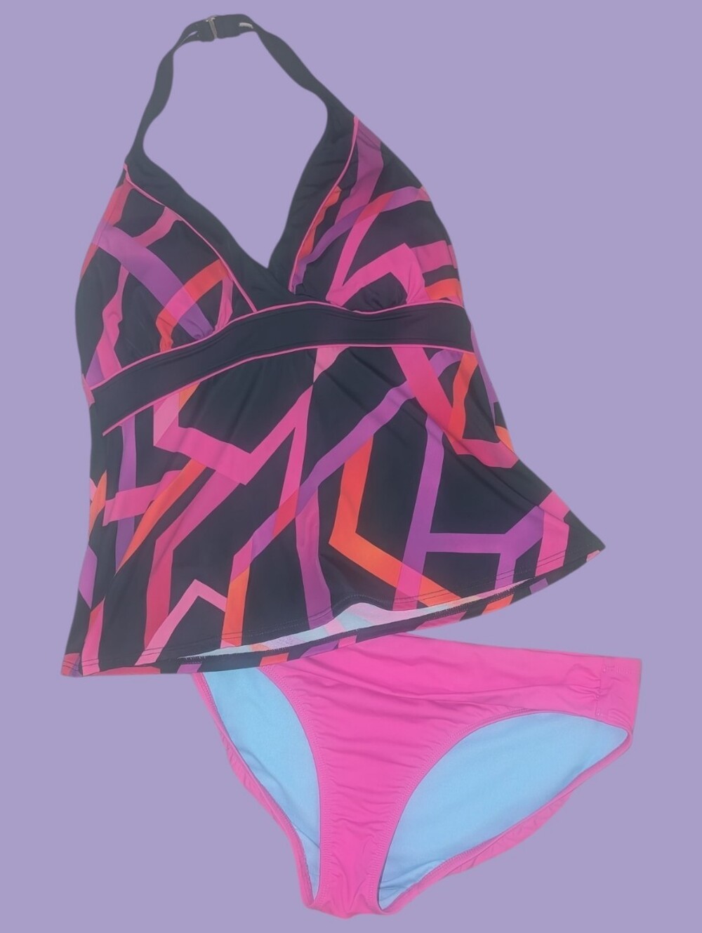 Women's Black Geometric Halter Tankini with Athleta Pink Bikini Bottom Sz Large